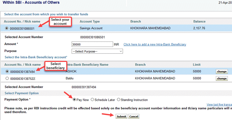 sbi to sbi money transfer through net banking
