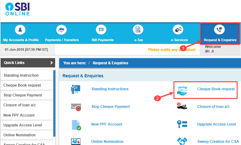 SBI Cheque book request online