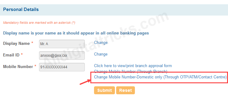 change/update sbi registered mobile number online