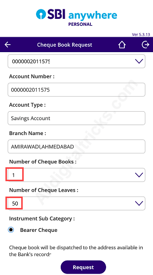SBI Anywhere Cheque Book Request
