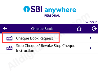 SBI Anywhere Cheque Book Request