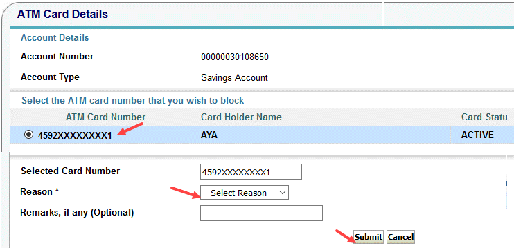 block sbi atm debit card