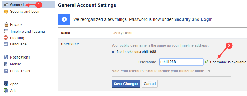 set username facebook