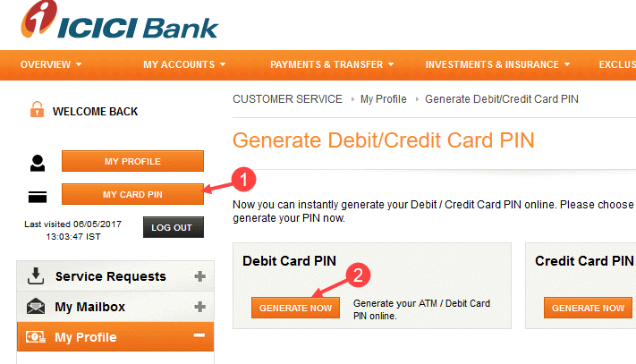 icici debit card pin change generate