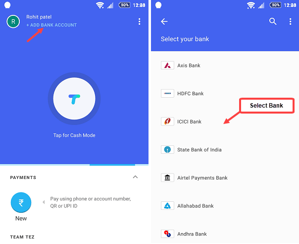 Google Tez add bank account