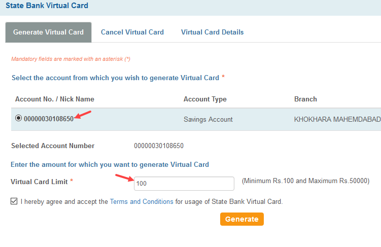 SBI virtual card online generate