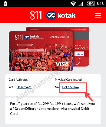 kotak 811 physical debit card apply