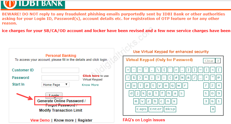 IDBI Bank net banking activate online