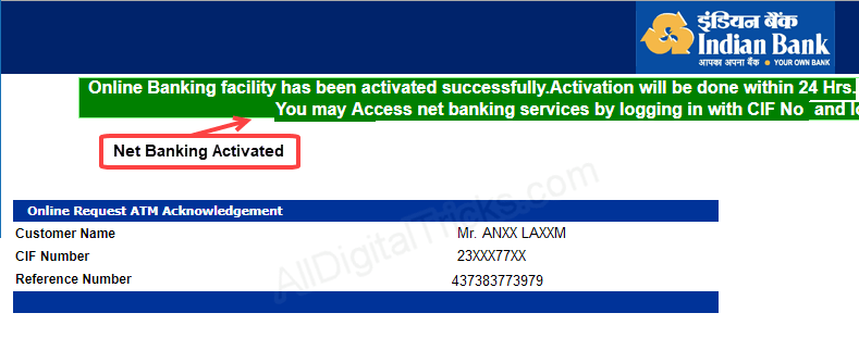 Indian bank net banking registration activation