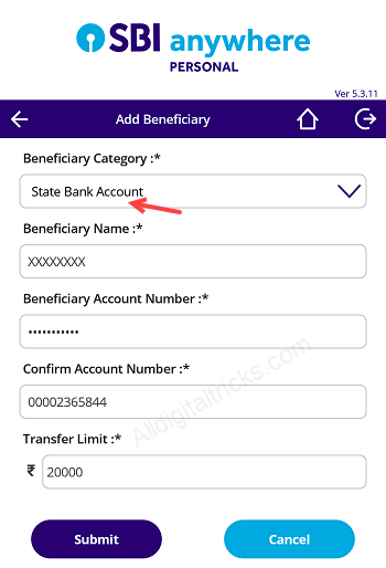 Add beneficiary SBI Anywhere