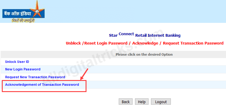 Bank of India transaction Password enable activate
