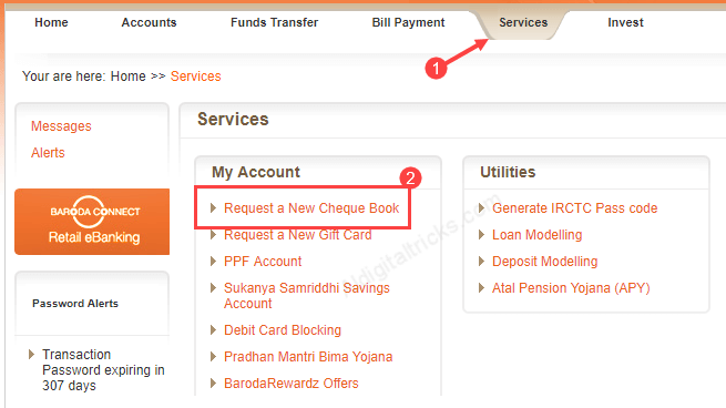 Bank of Baroda Cheque Book Request Online