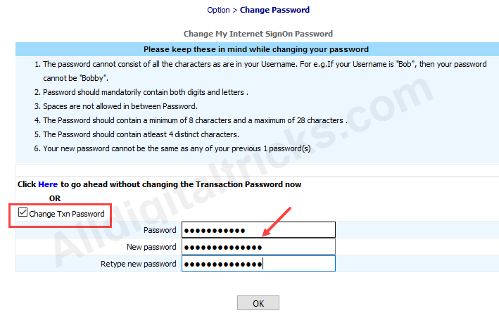Bank of India transaction Password enable activate
