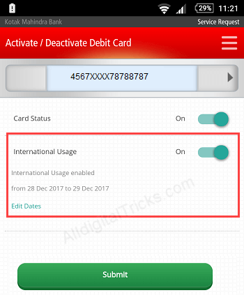 Kotak debit card enable International usage