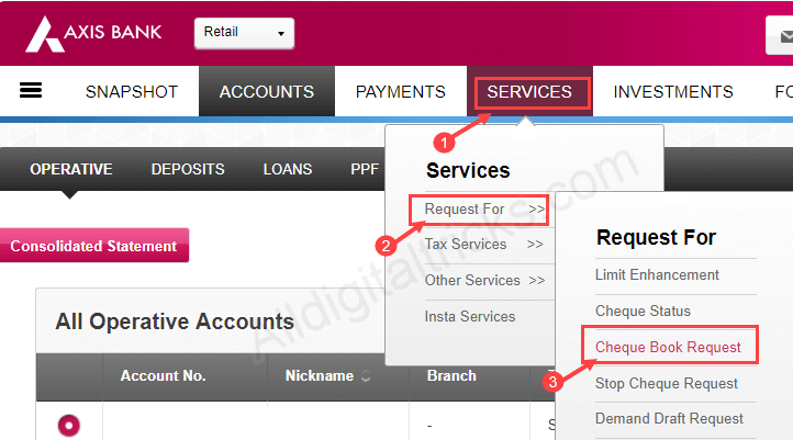 Axis Bank Cheque Book Request Online