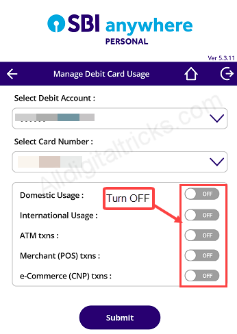 sbi atm debit card temporary block, switch off/on
