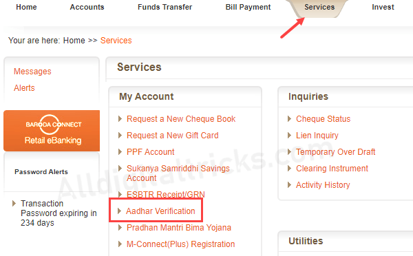 Bank of Baroda Aadhaar Link status