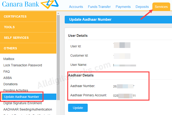 Canara Aadhaar link status