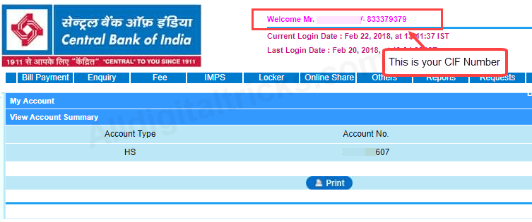 central bank of india find CIF number