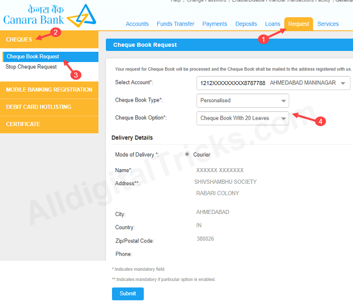 Canara Bank Cheque Book Request Online