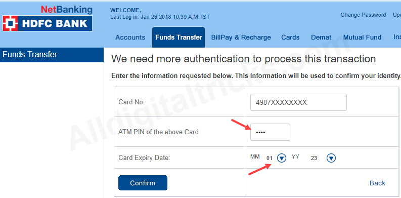 HDFC bank register third party fund transfer TPT