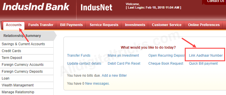 Indusind Bank Link Aadhaar Online