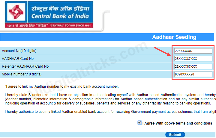 link aadhaar central bank of India