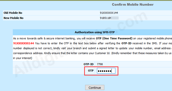 change registered mobile number Bank of India (BOI)