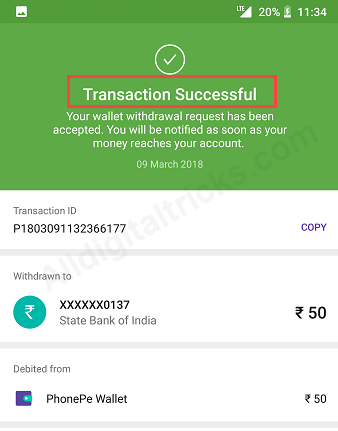 Withdraw PhonePe wallet money balance SBI Account