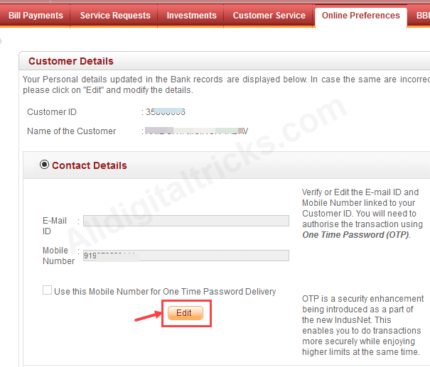 Indusind Bank change registered mobile number online
