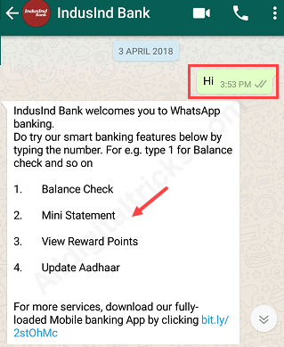 Indusind bank whatspp balance statement check