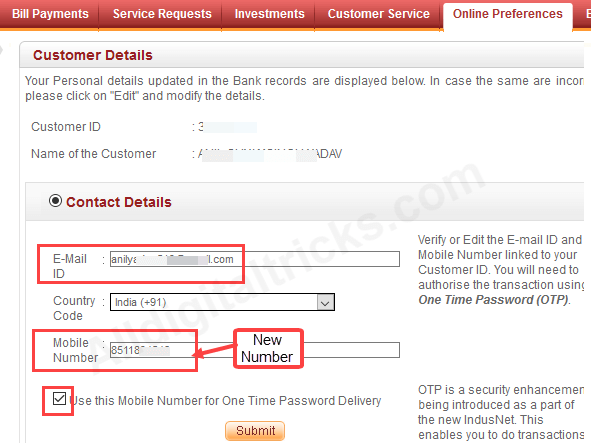 Indusind Bank change registered mobile number online