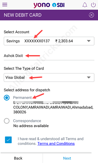 SBI YONO Request new atm debit card