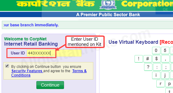 Corporation Bank net banking online activate register