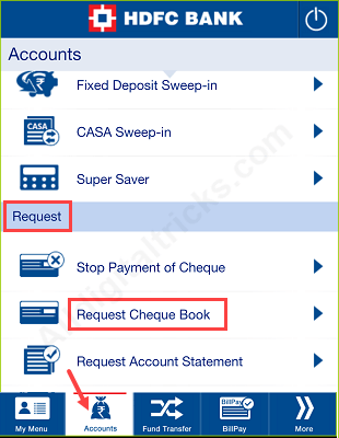 request new HDFC Bank Cheque Book online