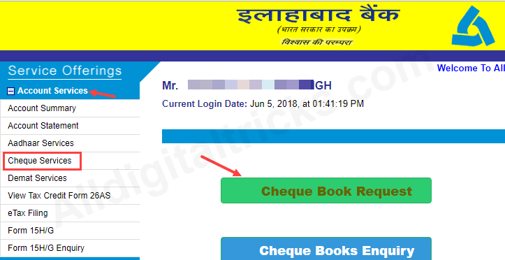 Request Allahabad Bank Cheque Book Online