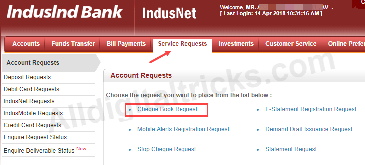 Request Cheque Book Online IndusInd Bank