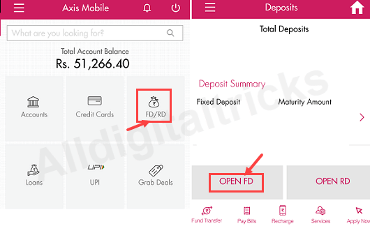Axis Mobile banking open FD account