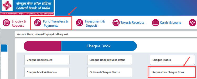 Request Central Bank of India Cheque Book Online