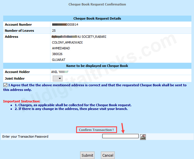 Request Bank of India Cheque Book online