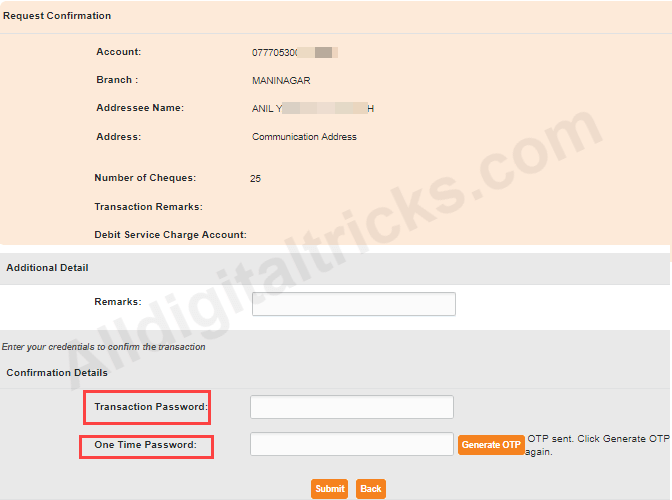 request Cheque Book South Indian bank