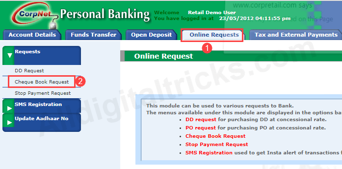 request corporation bank Cheque Book online