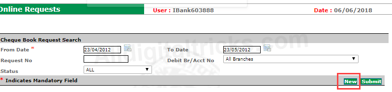 request corporation bank Cheque Book online