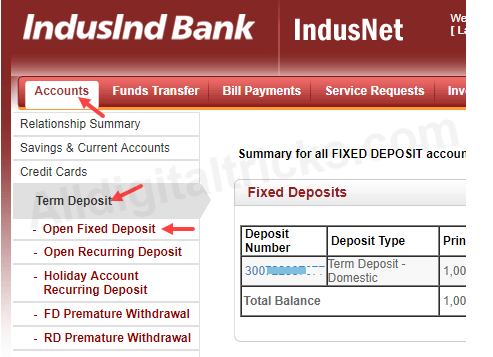 Indusind Bank open Fixed Deposit (FD) Online