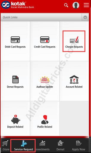 Kotak Bank Cheque Book request online