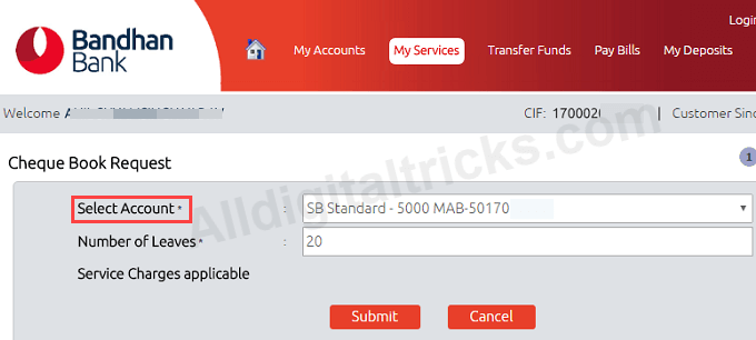 Bandhan Bank request Cheque Book online
