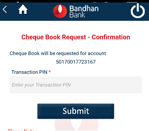 Bandhan Bank request Cheque Book online