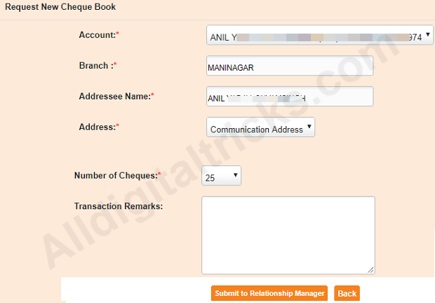 request Cheque Book South Indian bank
