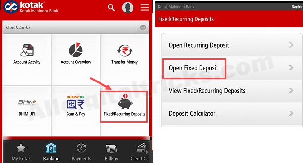 Kotak Mahindra Bank open Fixed Deposit Online through Mobile Banking