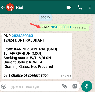 rail ticket PNR status on WhatsApp